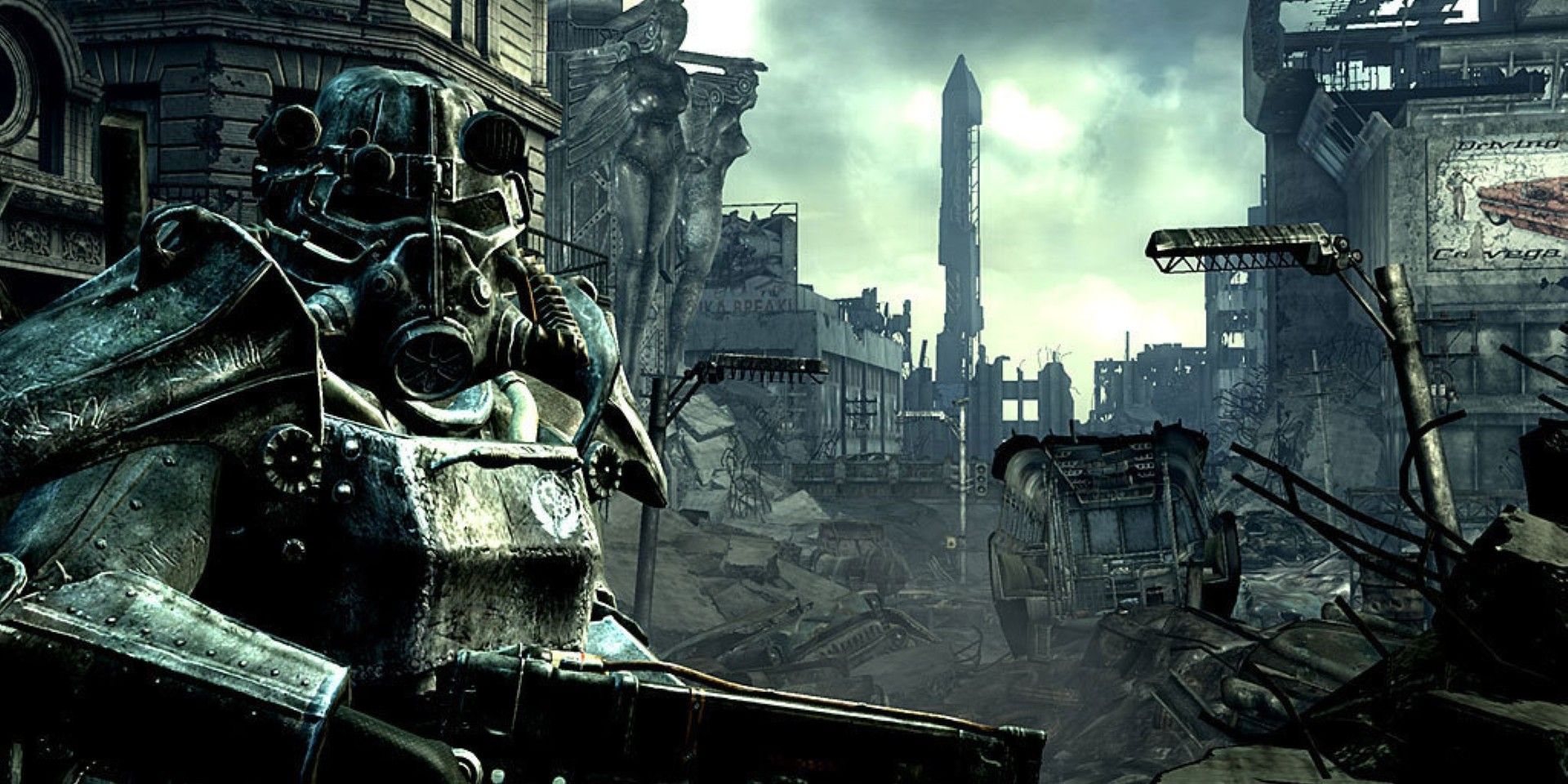 Wastelander em Power Suit inspecionando ruínas em Fallout 3