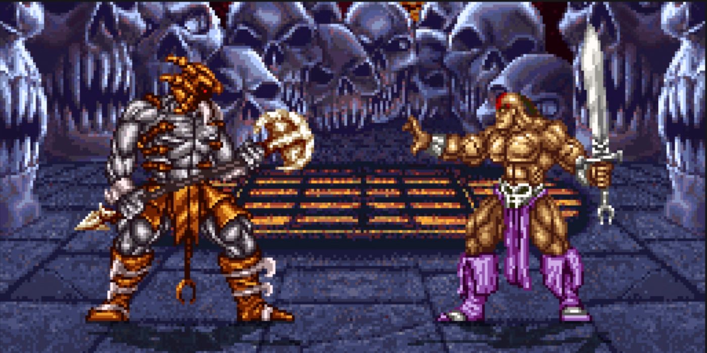 A battle between Zarak and Korr in Weaponlord for the Super Nintendo.