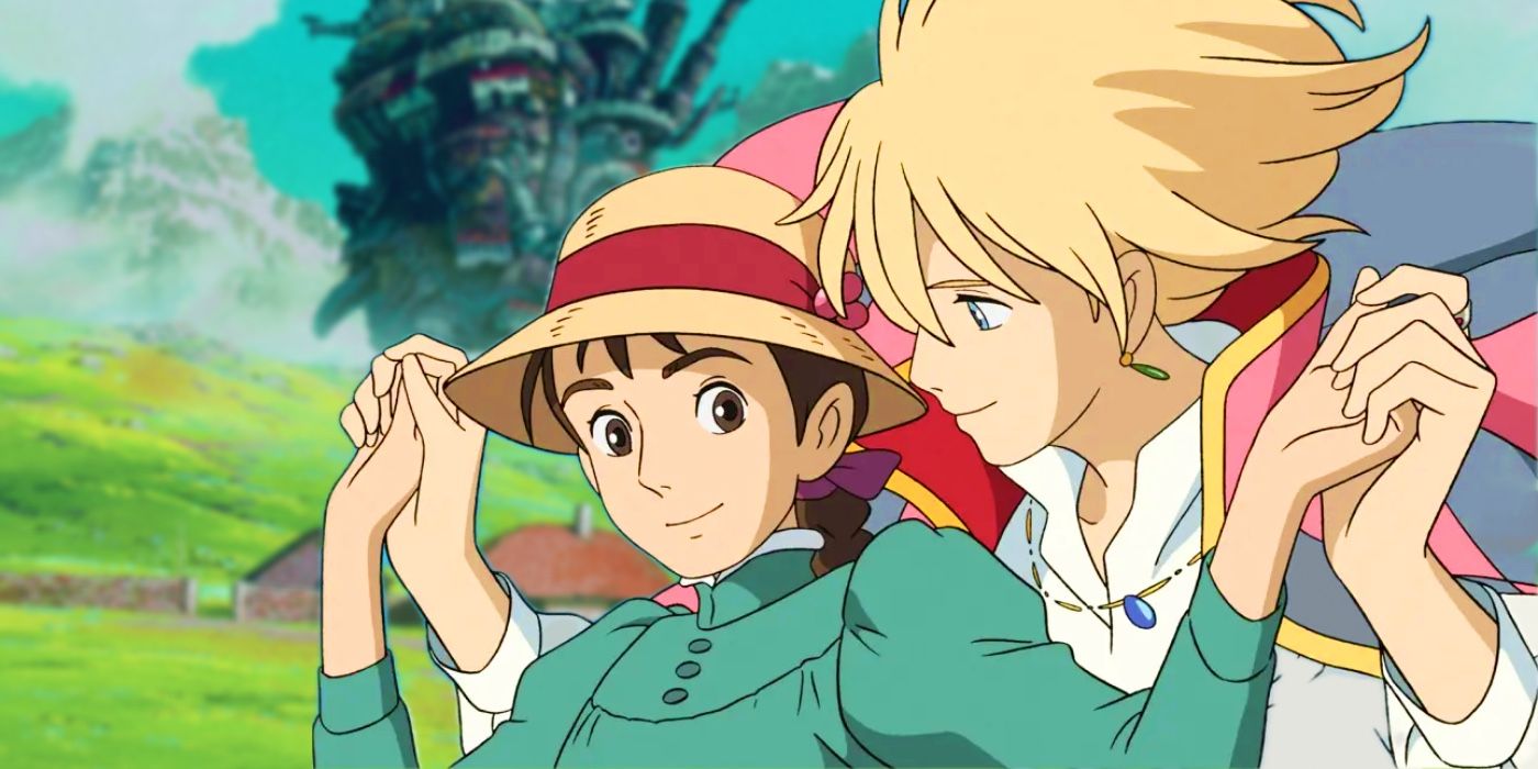 Foreground: Sohpie Hatter and Howl Jenkins Pendragon. Background: the Moving Castle. 