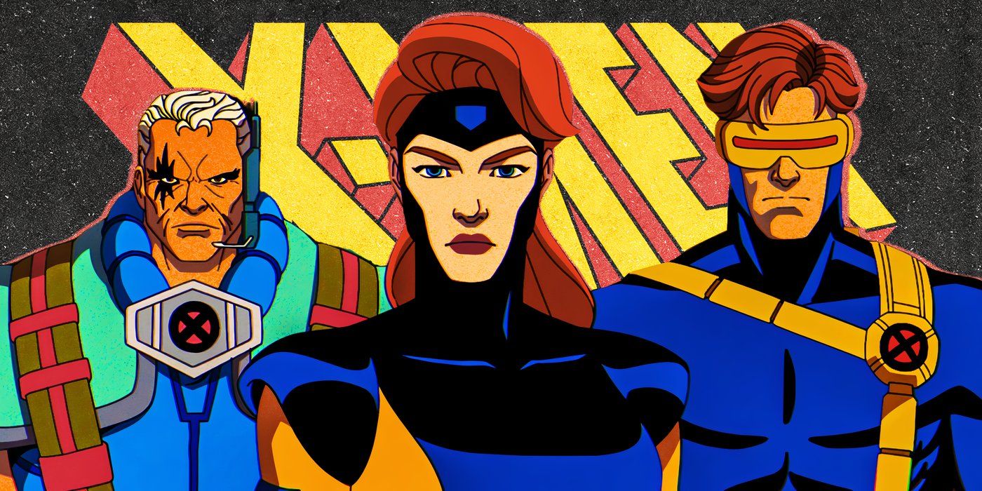Cable, Jean Grey and Cyclops standing in front of the X-Men logo