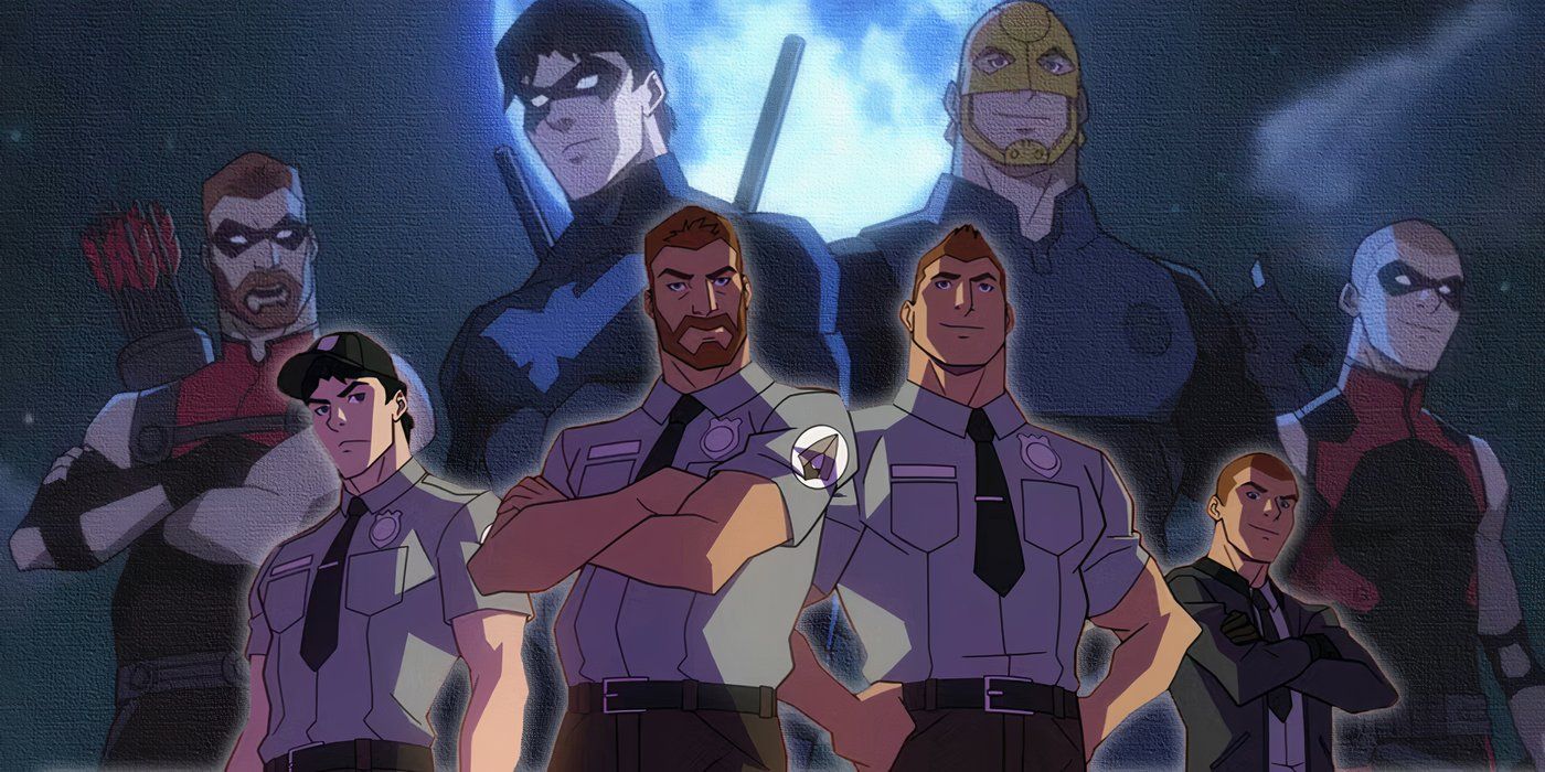 Collage of Dick Grayson and the Harper Family with thier superhero alter egos in the background from Young Justice