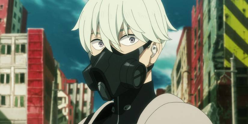 Reno Ichikawa looking surprised while wearing his Izumo Tech armor and a gas mask from Kaiju No. 8. 