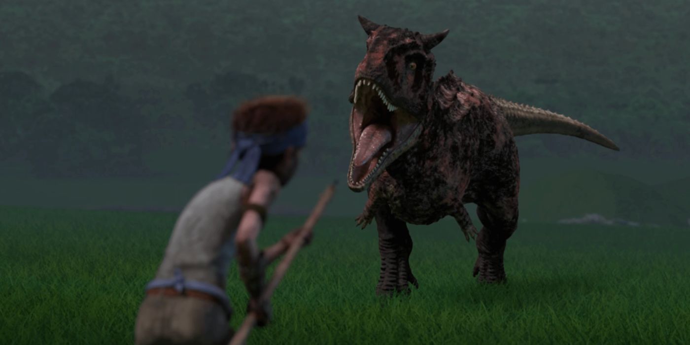 Ben enfrenta Toro, o Carnotaurus, em Jurassic World: Camp Cretaceous.