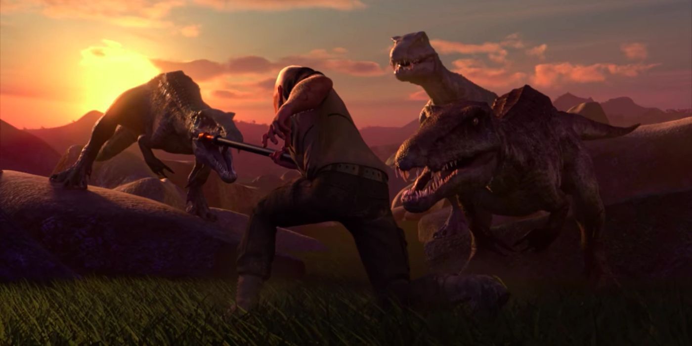 Três Baryonyx enfrentam um caçador em Jurassic World: Camp Cretaceous.