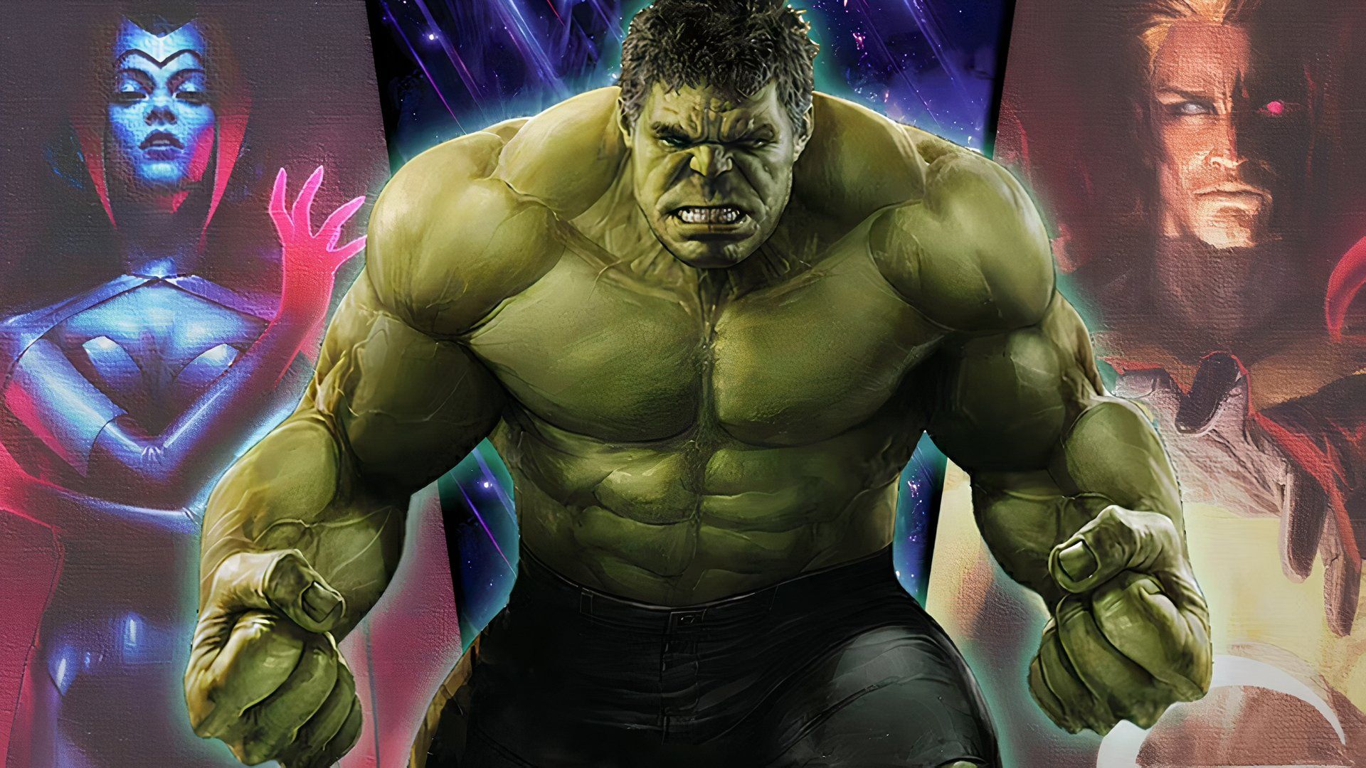 A split image features Scarlet Witch, the Hulk and Sentry from Marvel