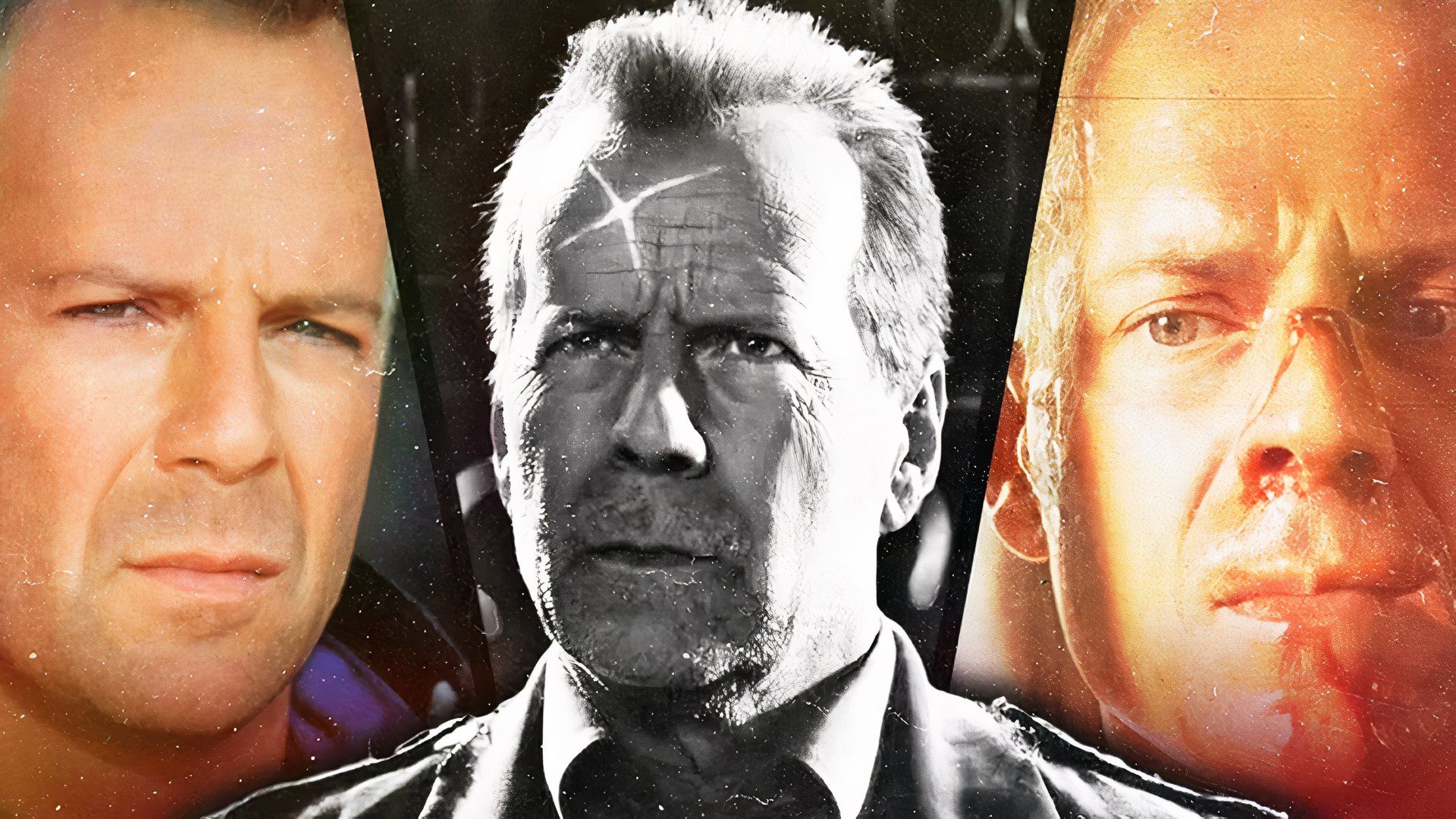 A split image features Bruce Willis in Armageddon, Sin City and Pulp Fiction