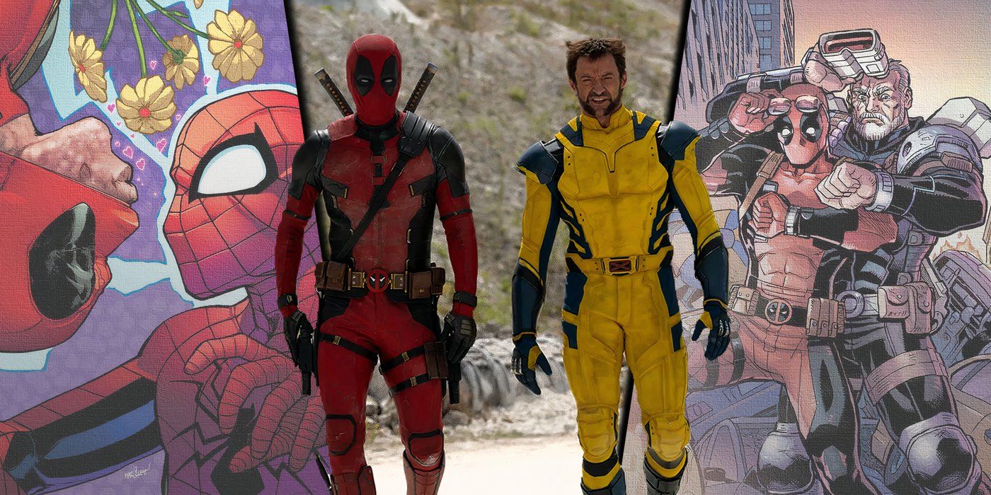 Split image of Deadpool team-ups featuring Spider-Man, Wolverine and Cable in the comics and movies