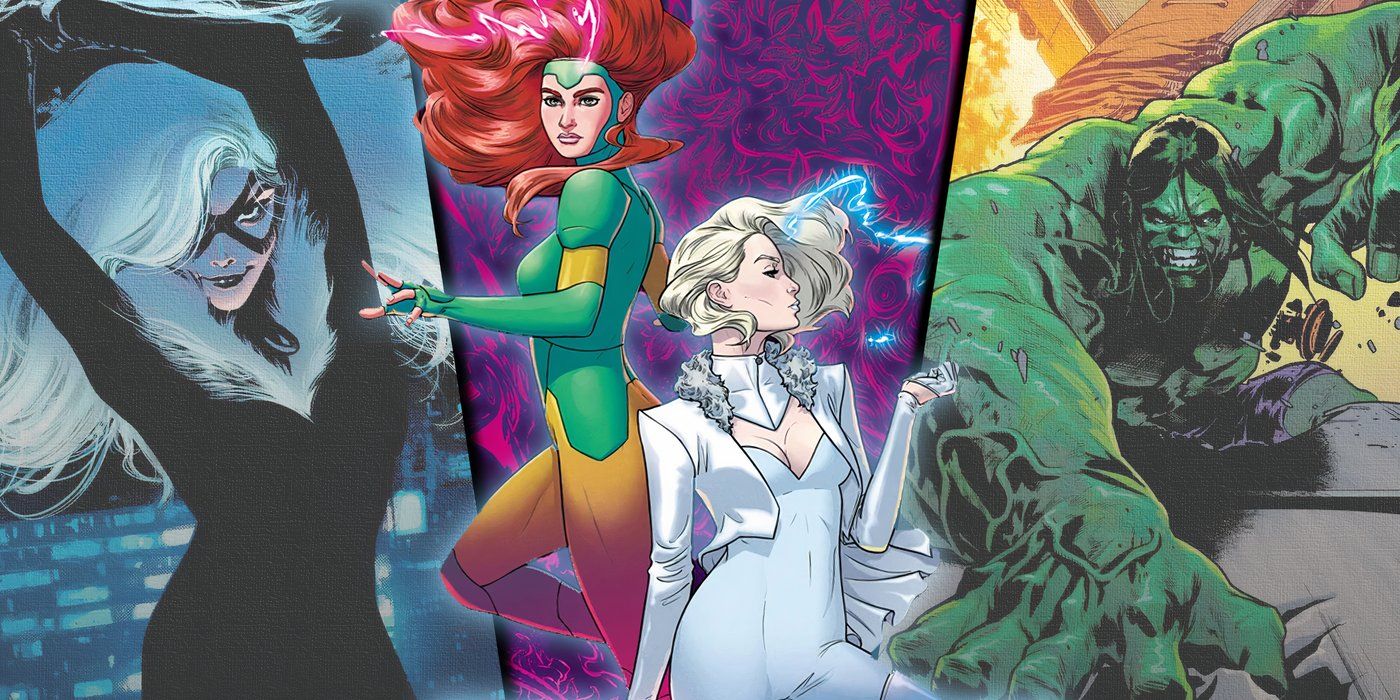Split image of Black Cat, Jean Grey, Emma frost, and Hulk from Giant Size Marvel comic covers