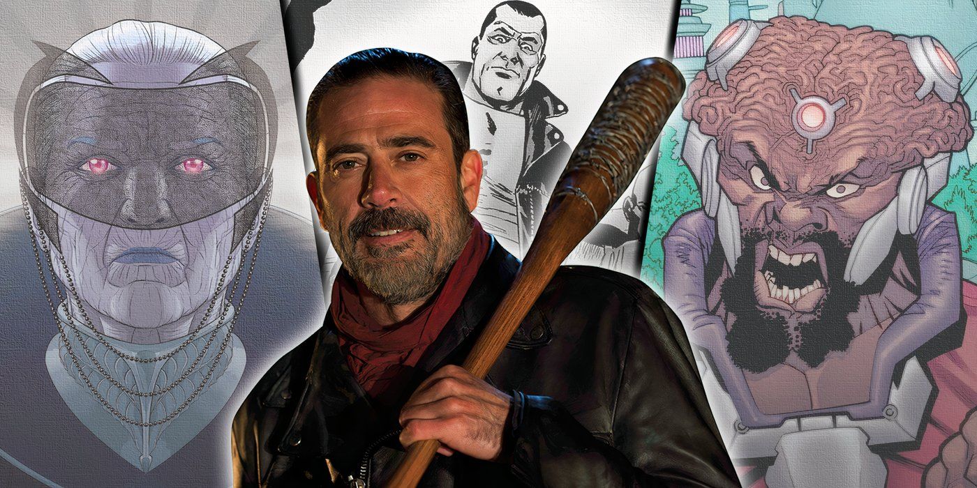 Split image of Ananke from Wicked + Divine, Negan from TWD (comic and live-action) and Angstrom Levy from Invincible