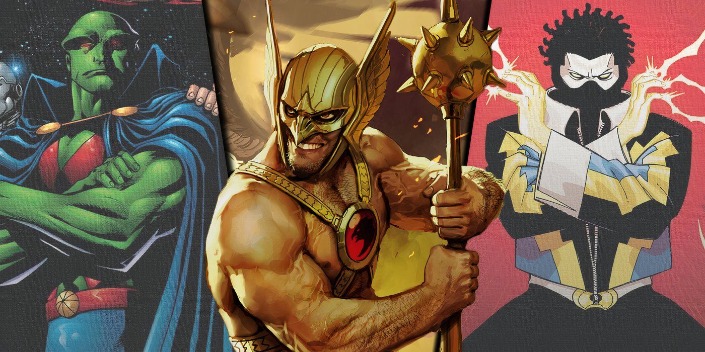 Split image of Martian Manhunter, Hawkman and Black Lightning from DC Comics