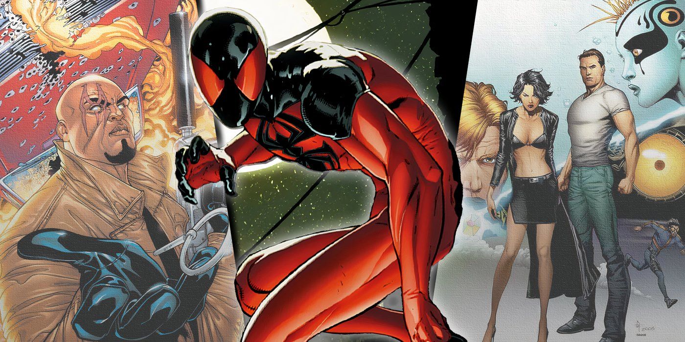 Split image of Bishop from District X, Kaine from Scarlet Spider, and the Supreme Power team from Marvel Comics