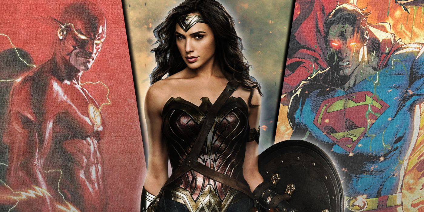 Split image of Wonder Woman from the DCEU with Flash and Superman from DC Comics