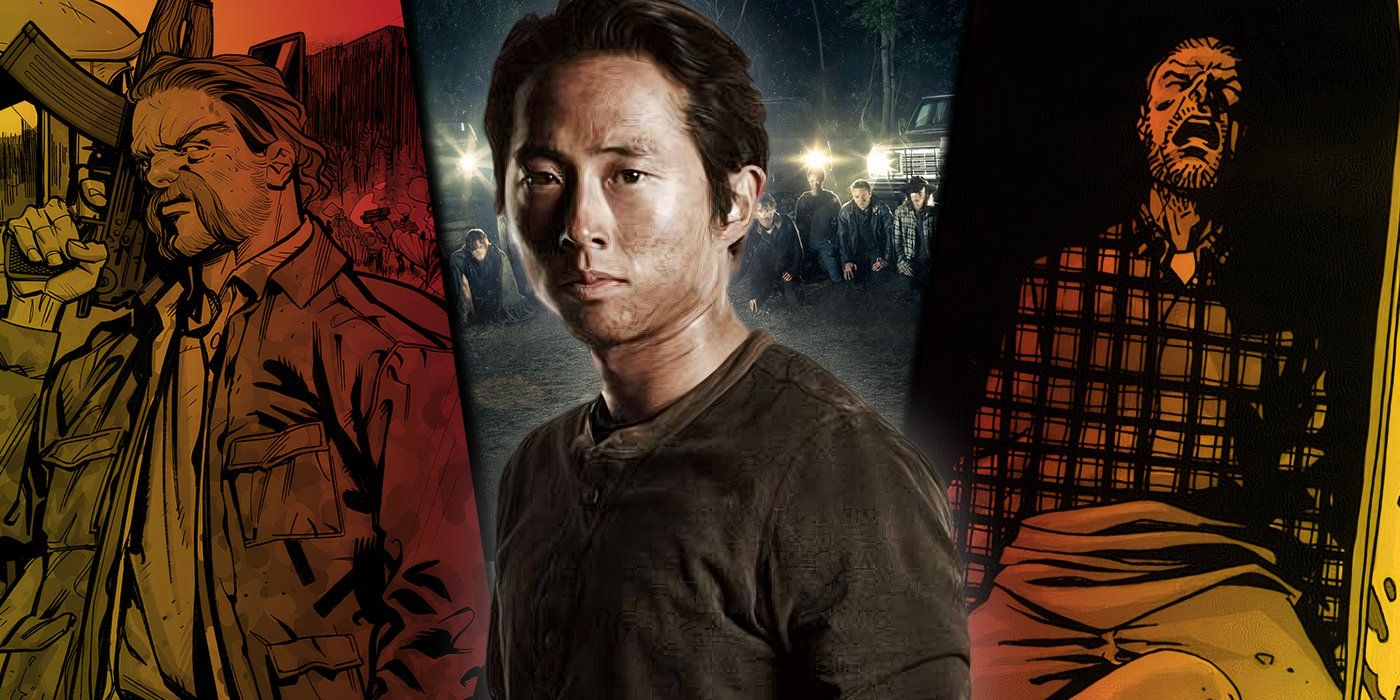 Split image of Glenn from The Walking Dead TV series and Abraham and Hershel from the comics