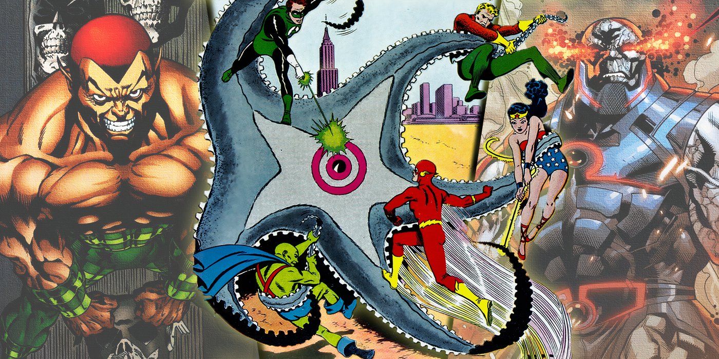 The Justice League fighting Starro with Amazo and Darkseid in the background