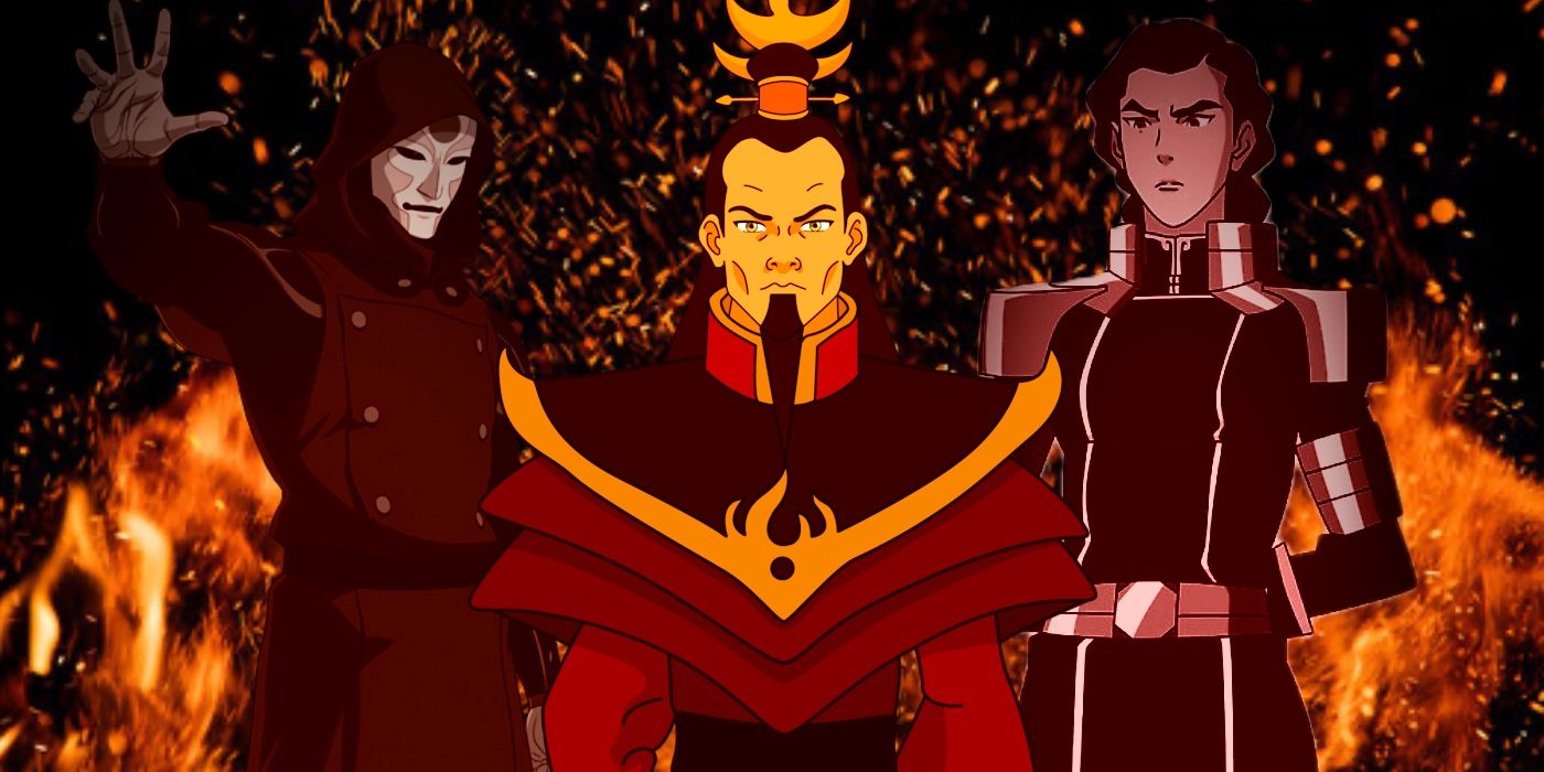 Uma imagem dividida mostra Amon, Senhor do Fogo Ozai e Kuvira de Avatar: The Last Airbender e The Legend of Korra
