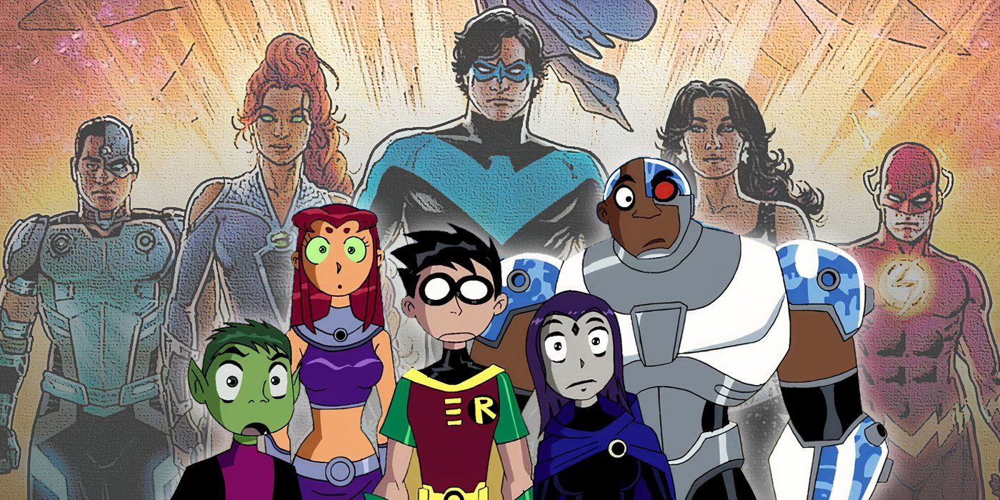The animated Teen Titans with the Dawn of DC Titans from DC Comics in the background