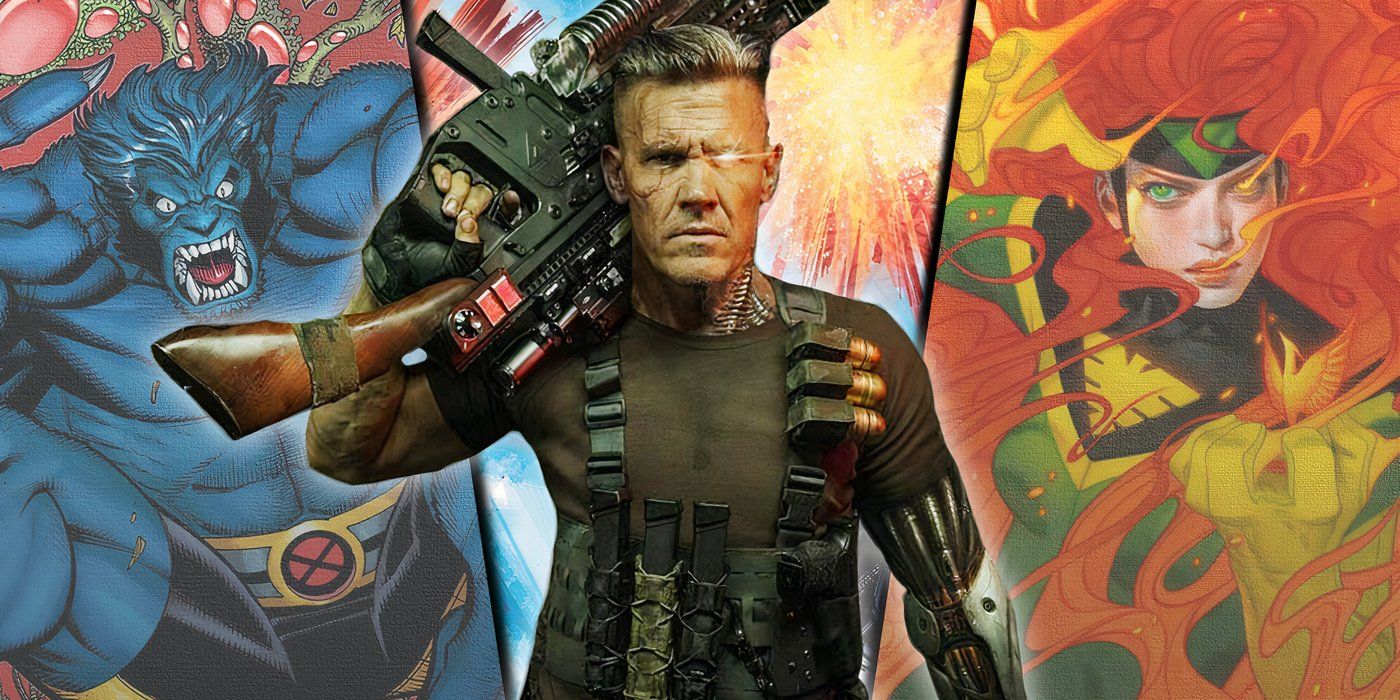 Split image of Cable from Deadpool 2 with Beast and Phoenix from X-Men comics