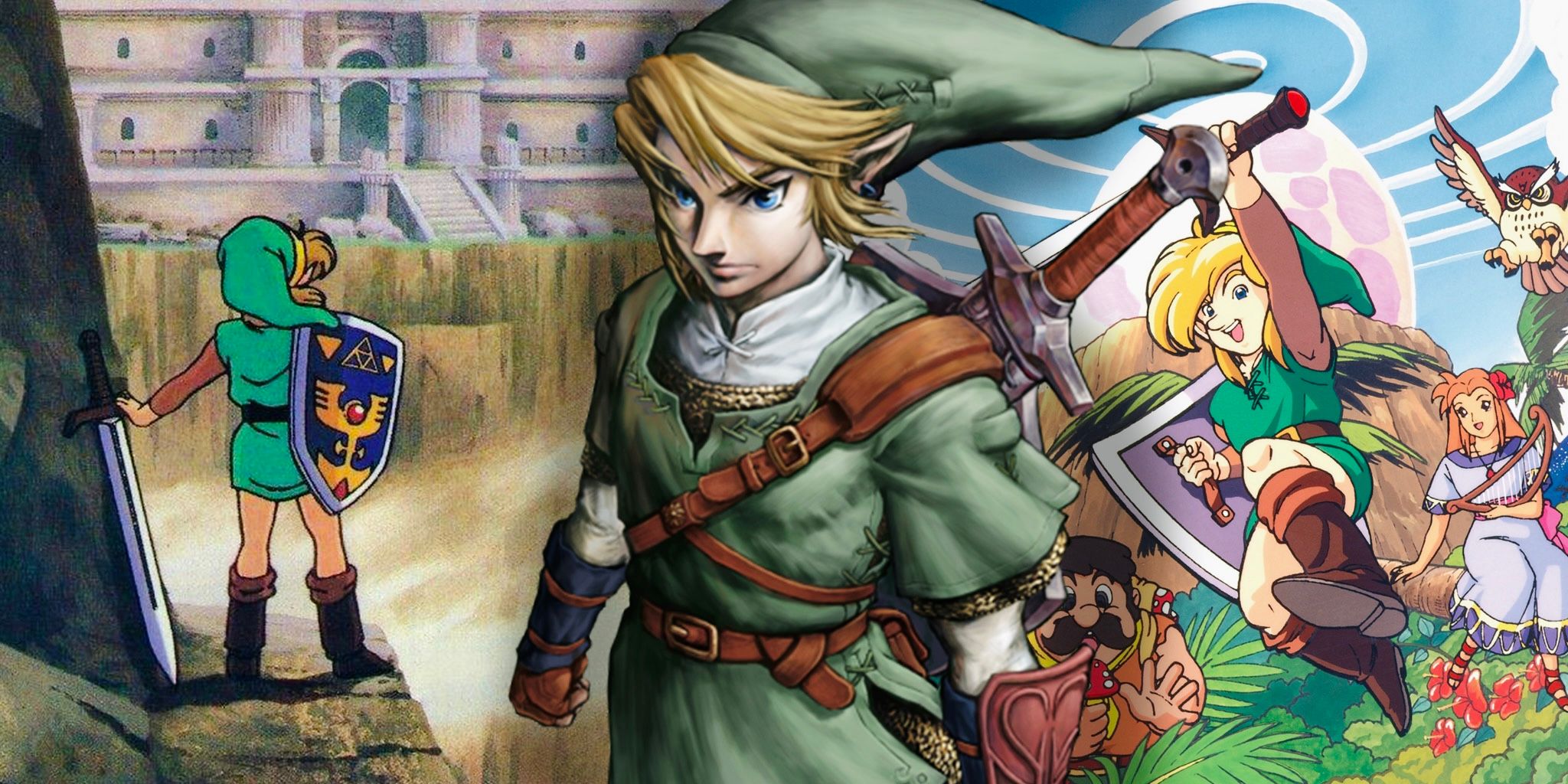 Link from Twilight Princess looks over The Legend of Zelda: Link's Awakening concept art
