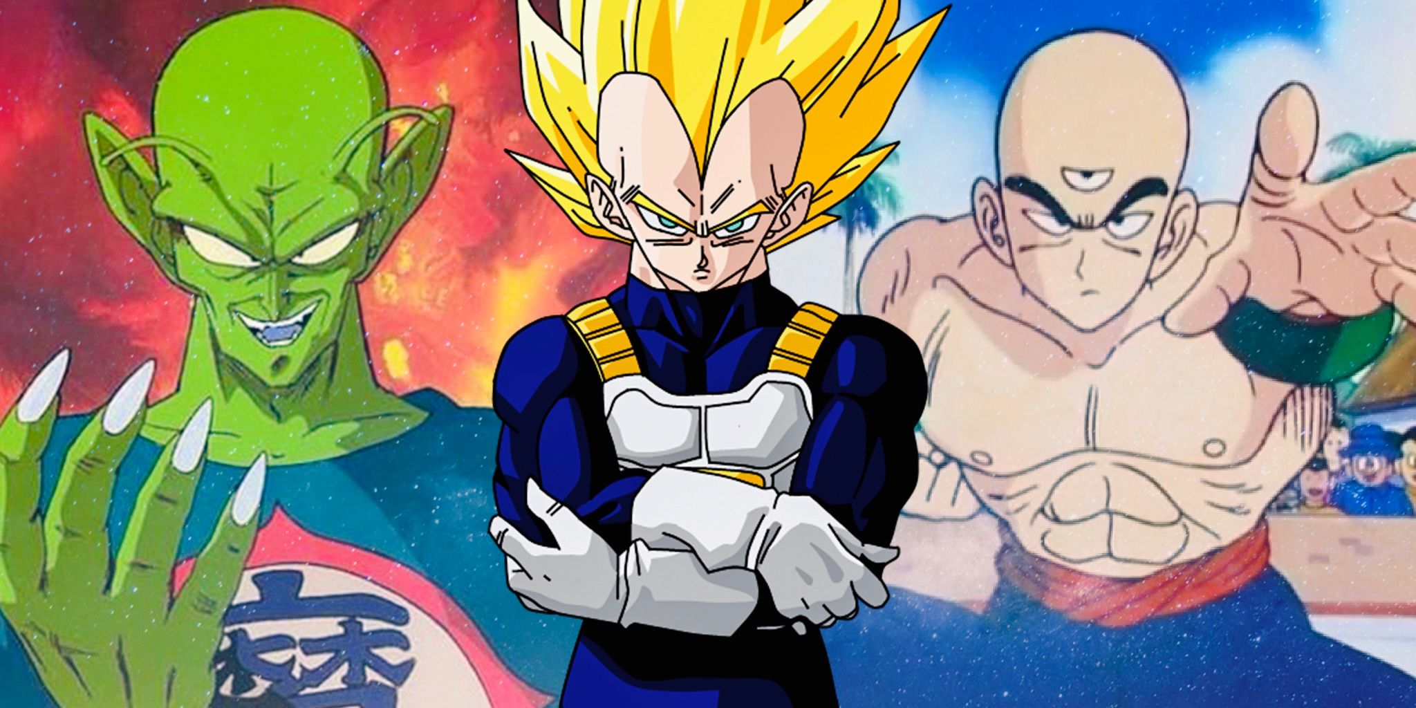 Super Saiyan Vegeta stands with King Piccolo and Tien in Dragon Ball and DBZ