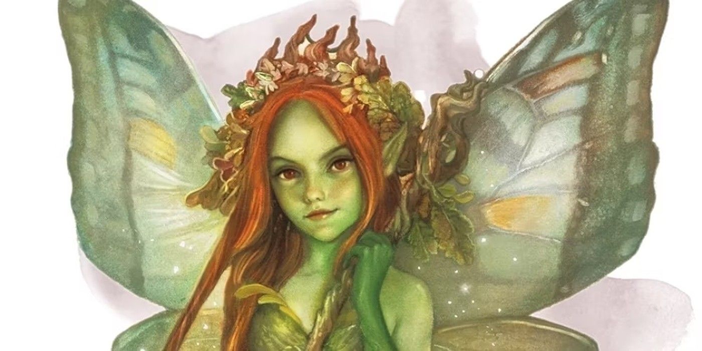 a green pixie with red hair looks at the viewer.