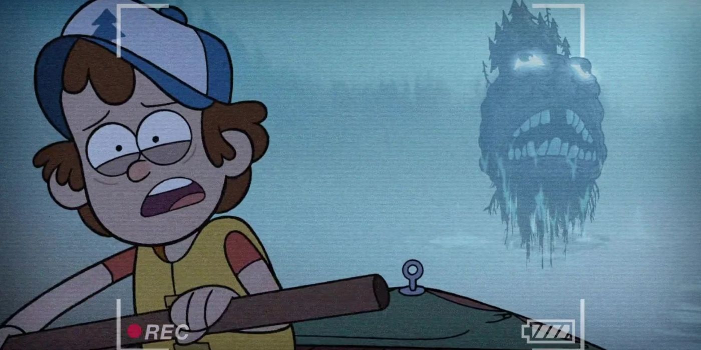Um Dipper assustado tenta fugir em um barco de um monstro dentuço da ilha em Gravity Falls.