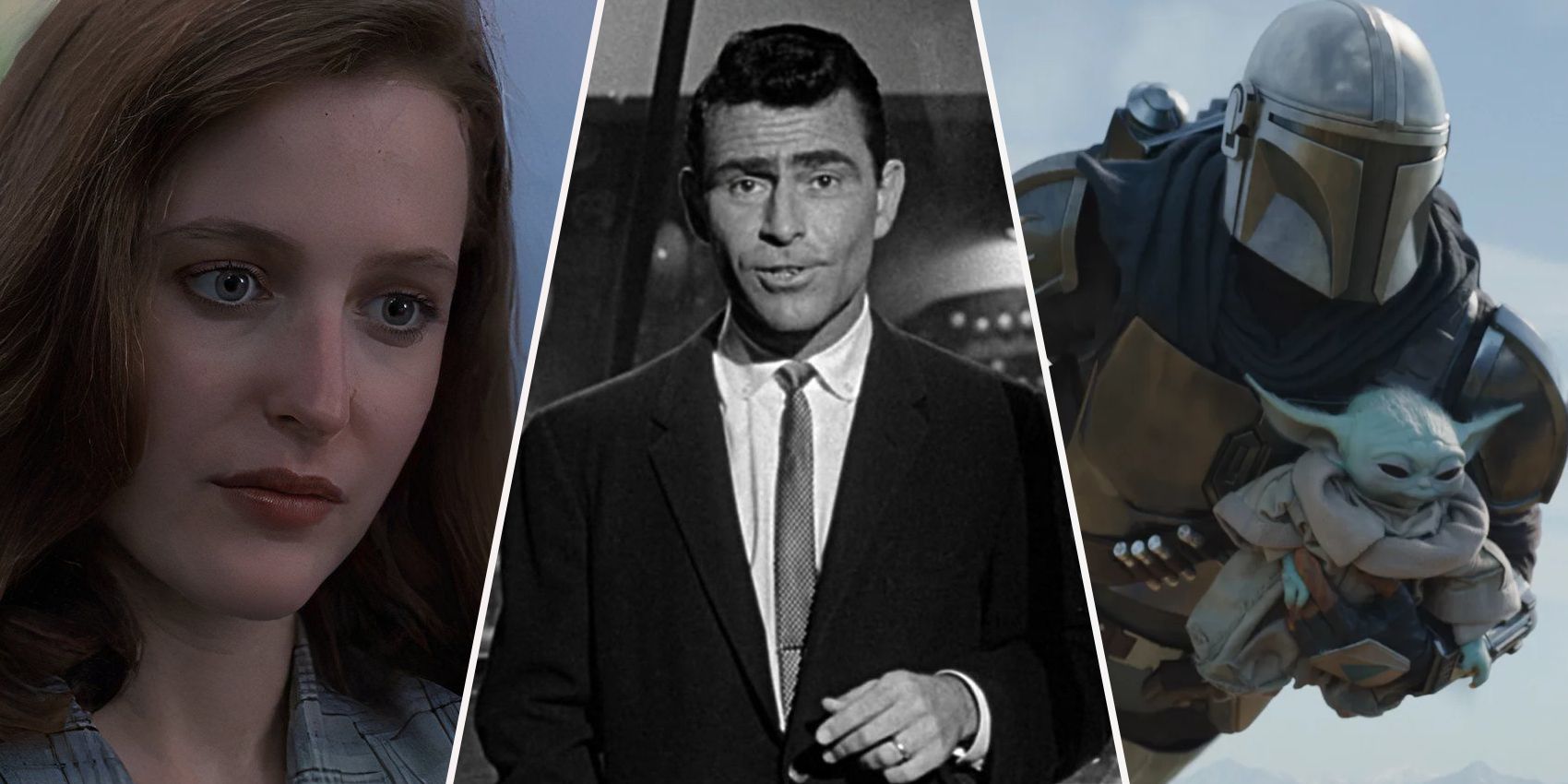 A split image shows Dana Scully, Rod Serling, Din Djarin and Grogu