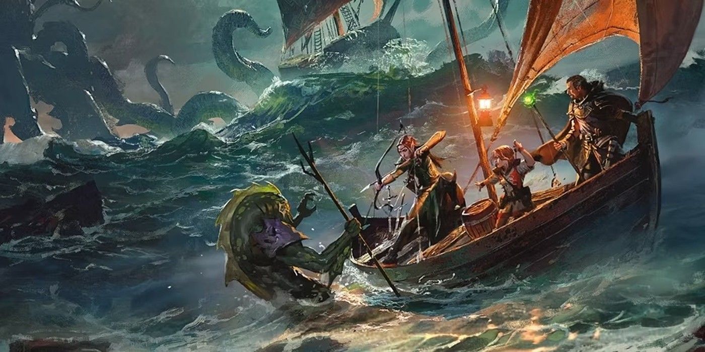 Uma equipe de aventureiros de Dungeons & Dragons em um barco a remo enquanto tentáculos emergem do mar em DnD 5e.