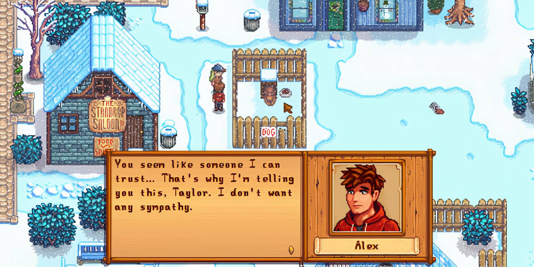 Alex pedindo ao jogador para não sentir pena dele em Stardew Valley.