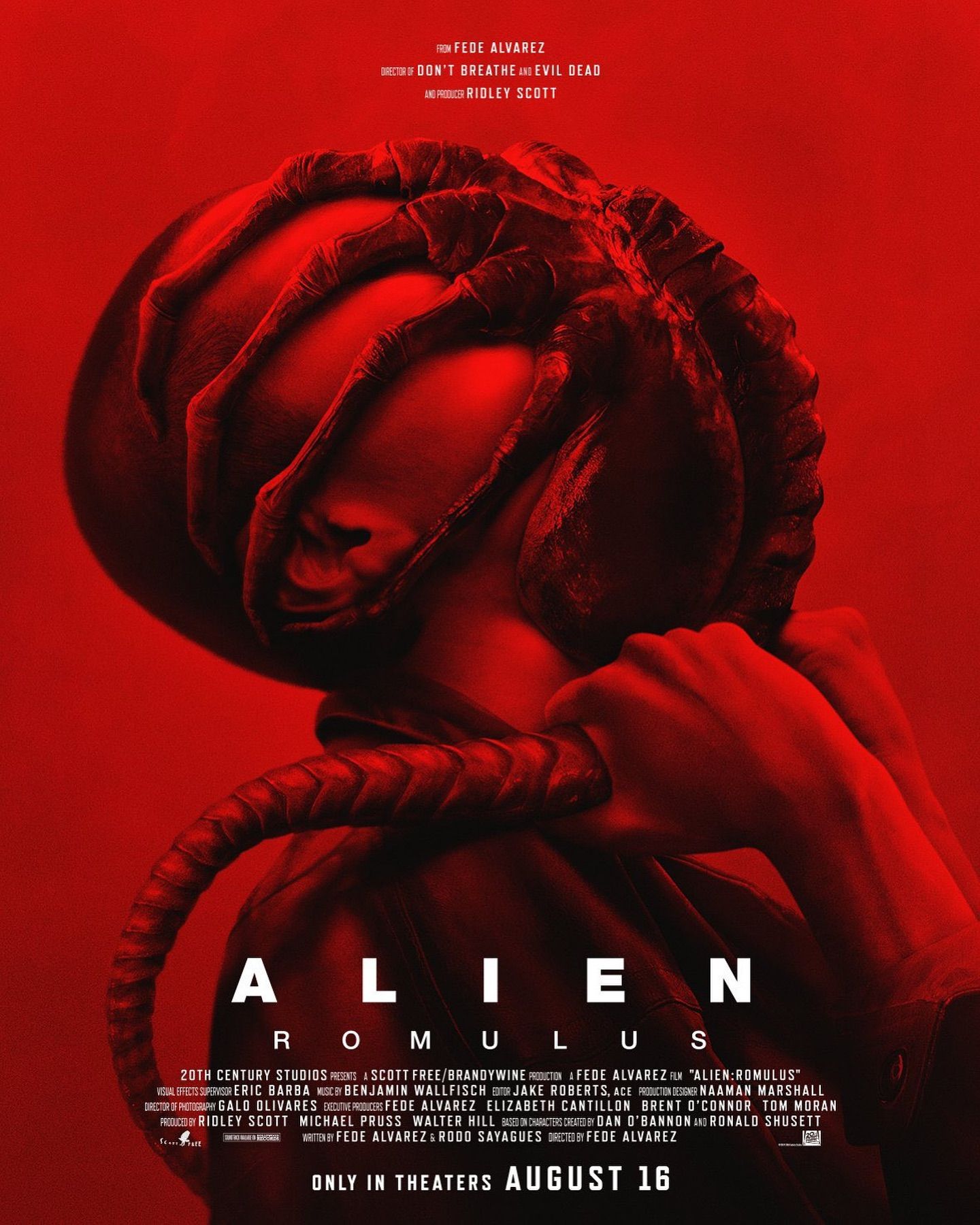 Alien Romulus poster with facehugger attacking a human