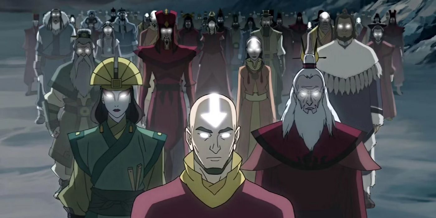 Todos os Avatares anteriores aparecendo antes de Korra no Estado Avatar em The Legend of Korra.