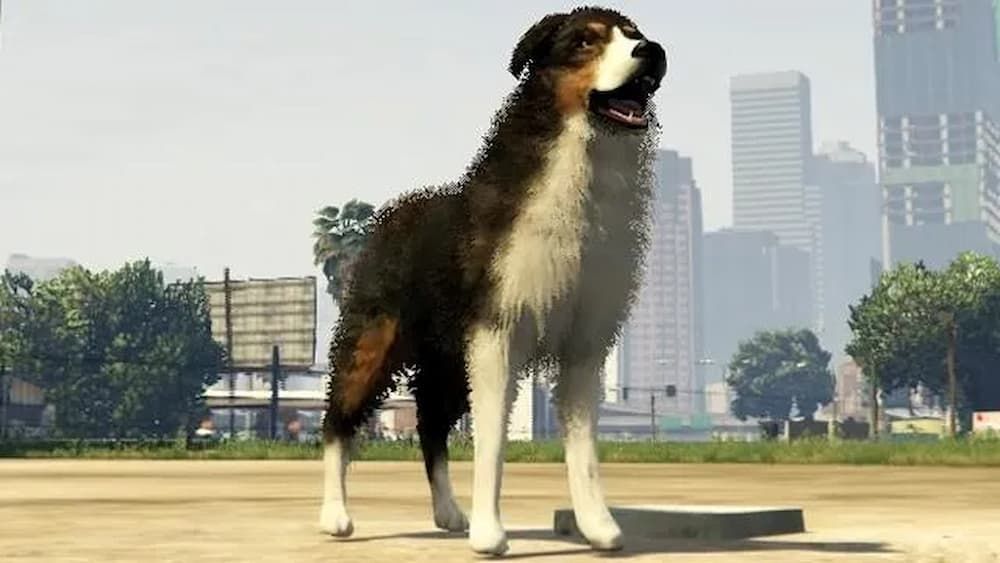 Perro parado en medio de una ciudad en GTA V 