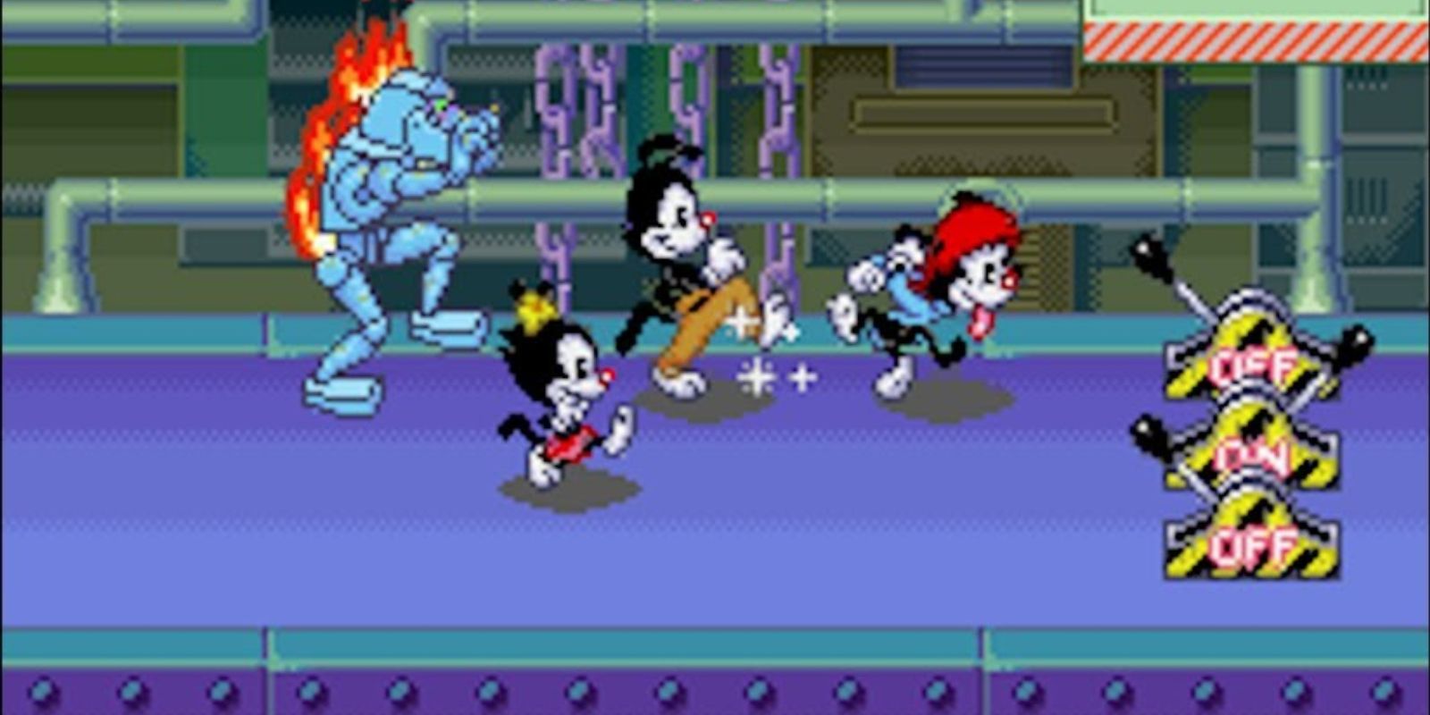 Jugabilidad de Animaniacs SNES con los tres personajes principales.