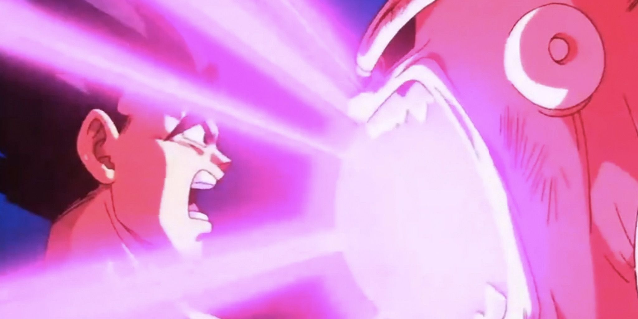 Super Buu usando o ataque de feixe de boca Ill Flash em Gohan em Dragon Ball Z