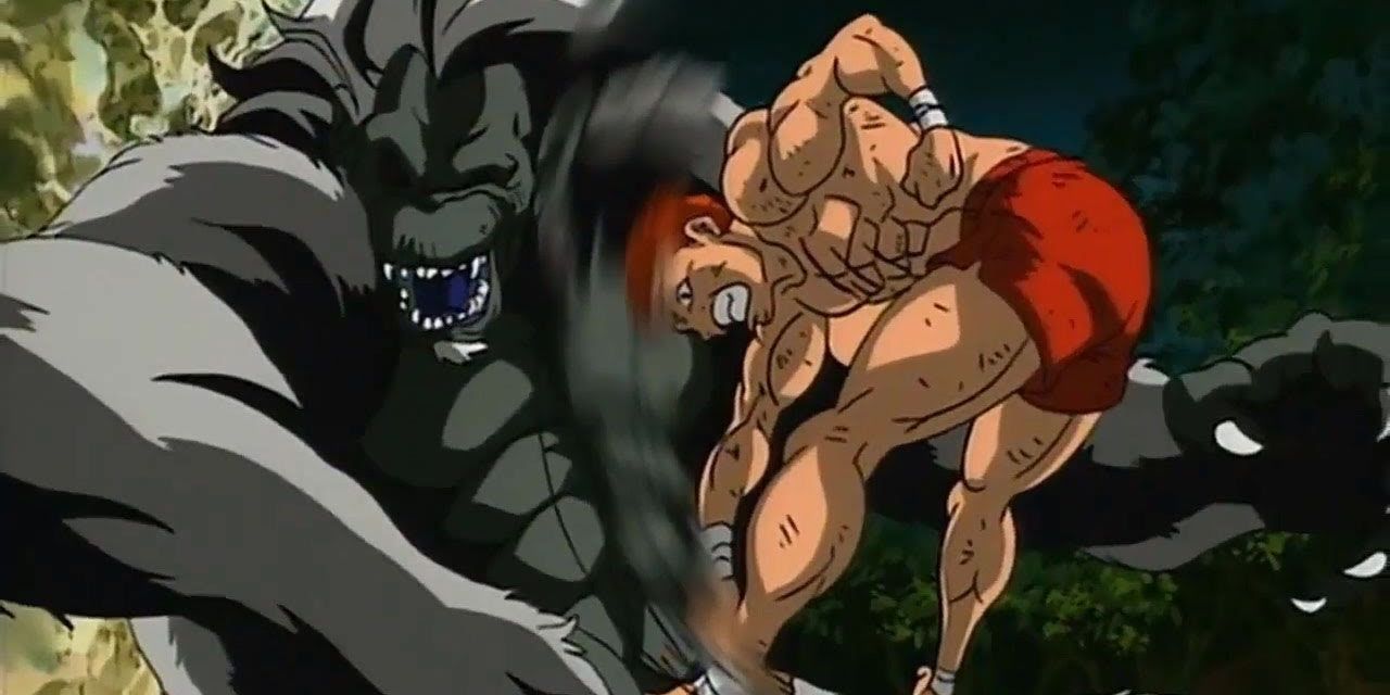 Baki Hanma luta contra o macaco Yasha Zaru no anime Baki the Grappler.