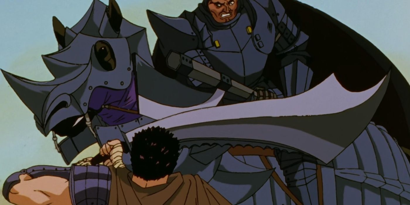 Guts dueling with General Boscogn in the 1997 Berserk anime.