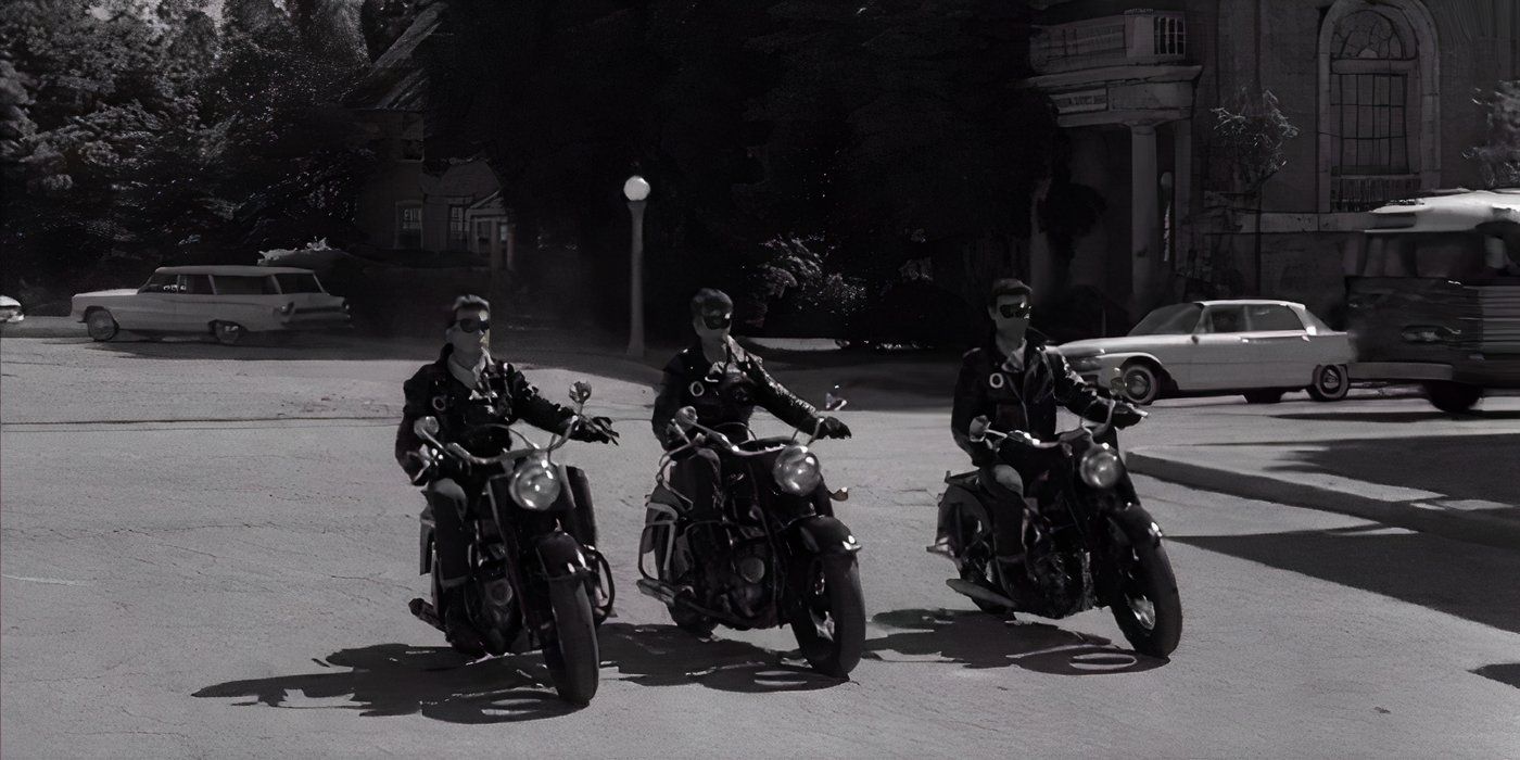 Motociclistas do espaço externo chegam à cidade de Ion com jaquetas de couro pretas da Twilight Zone