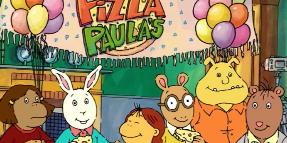 Bulldog Binky Barnes posando com Arthur e companhia para uma pizza party no programa Arthur