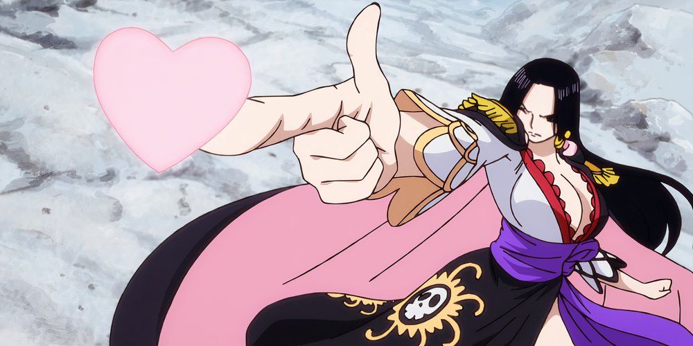 Boa Hancock is pictured using Pistol Kiss during One Piece's Cidre Guild arc.