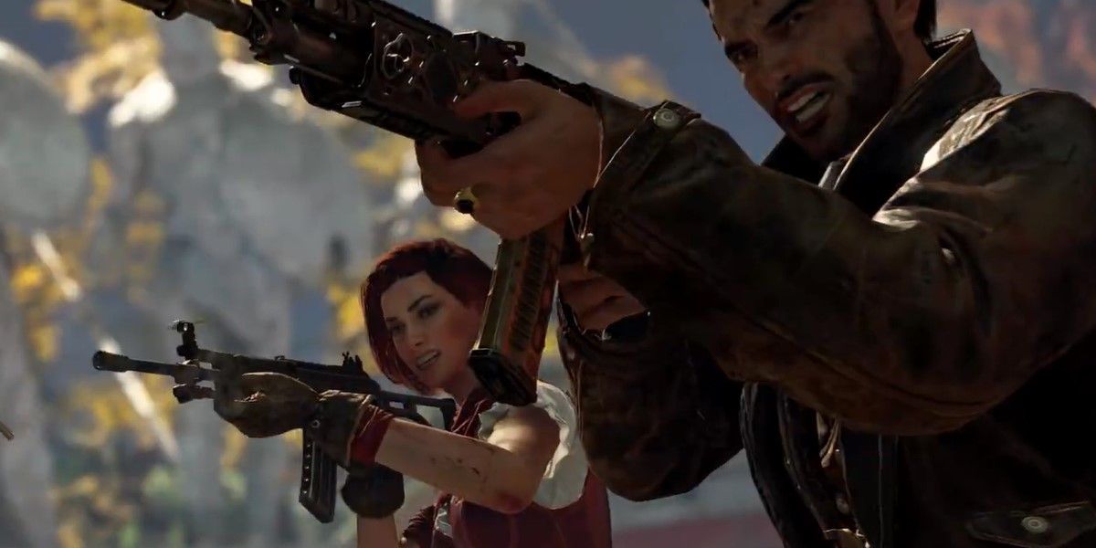 Scarlet y Diego de Call of Duty Black Ops 4 disparan a zombies que corren hacia ellos en el mapa Ancient Evil Zombies.