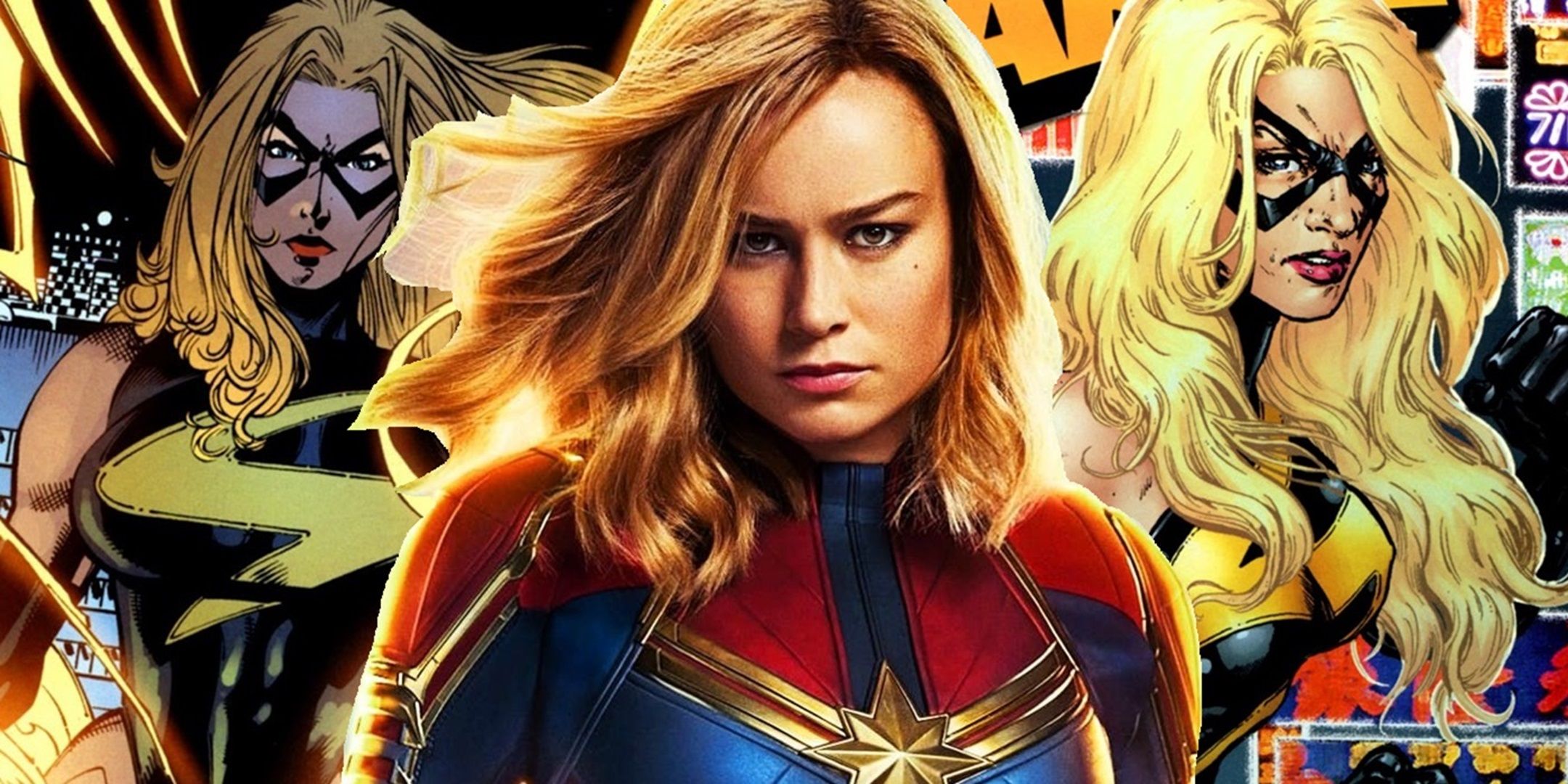 Carol Danvers in front images of herself at Ms. Marvel