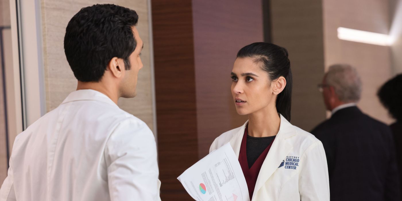 Dr. Zola Ahmad (actor Sophia Ali) speaks to Crockett (actor Dominic Rains) in Chicago Med