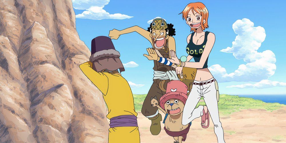 Chopper, Nami, and Usopp are playing red-light, green-light as part of the Davy Back fights in the Long Ring Long Land Arc of One Piece. They are reaching towards Mr. Daruma in order to win the game.