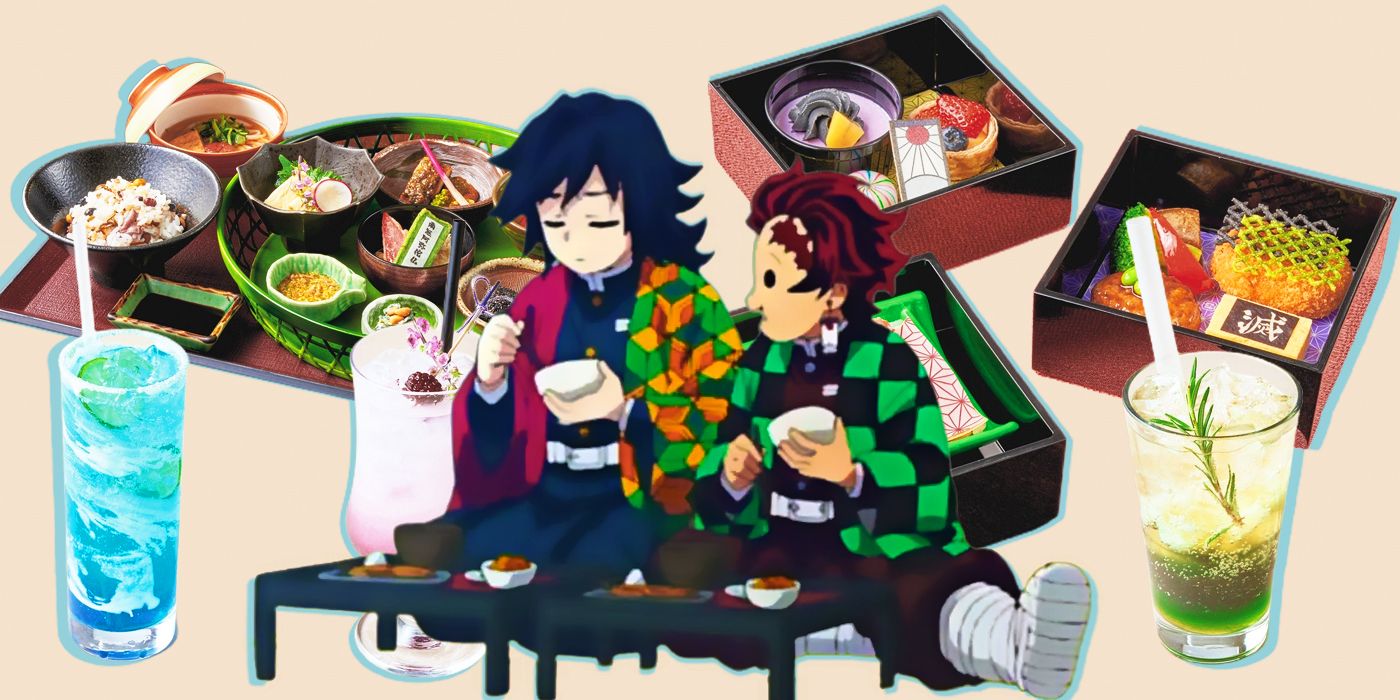 Tanjiro and Giyu from Demon Slayer eating food together from an official restaurant