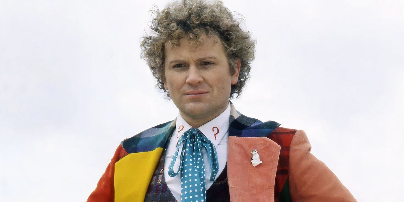 The Sixth Doctor in front of white background