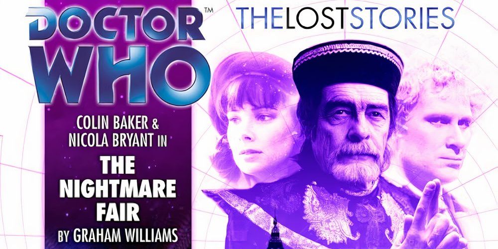 David Braille's Toymaker terrorises the Sixth Doctor and Peri on the cover for the Big Finish Doctor Who audio, "The Nightmare Fair."