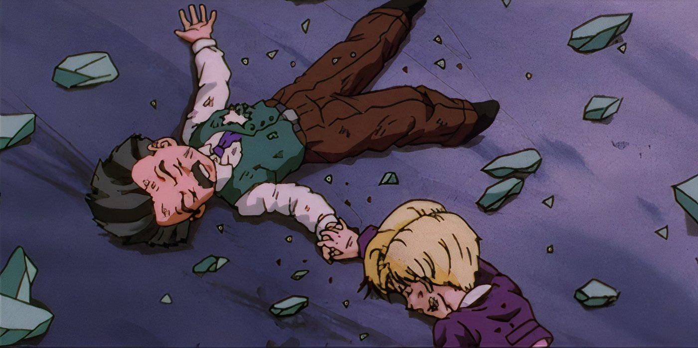Android 18 se acerca al cuerpo muerto de Krillin en Dragon Ball GT.