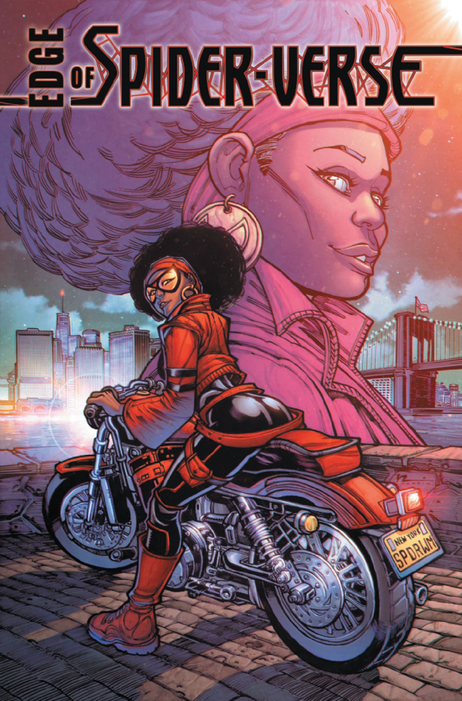 Jessica Drew aka Spider-Woman of Earth-332 sits on her motorcycle
