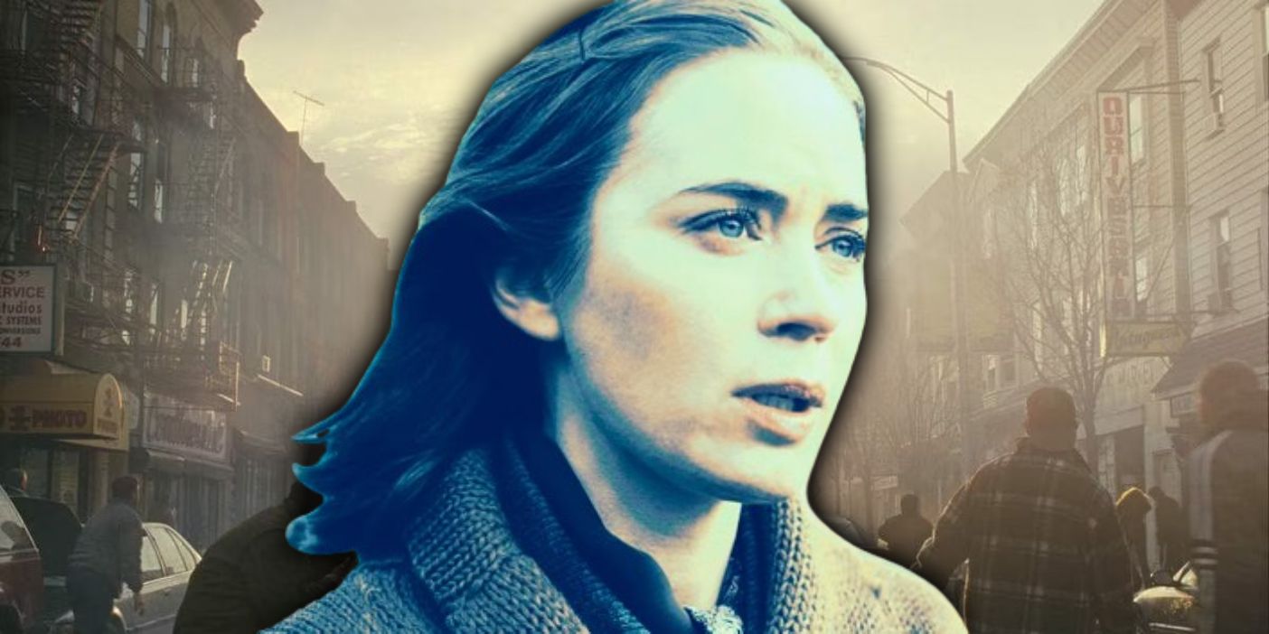Emily blunt with a war of the worlds background
