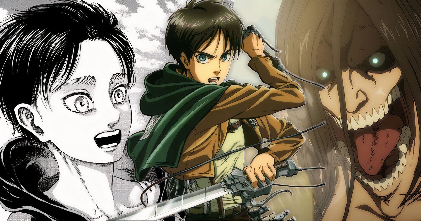 Eren as a human and Titan in the Attack on Titan manga and anime