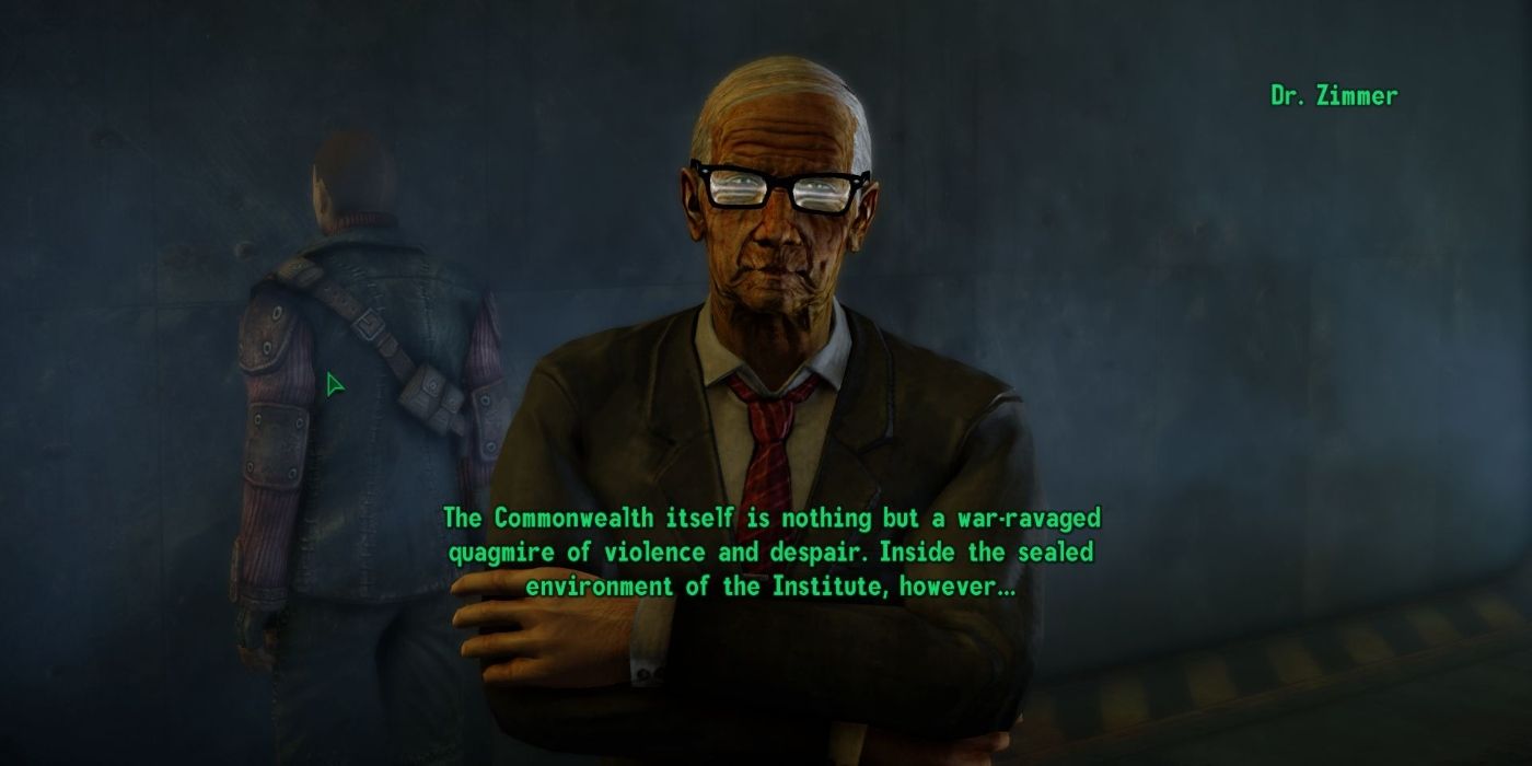 The player talking to Dr. Zimmer in Fallout.